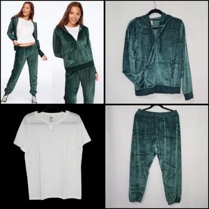 Victoria's Secret PINK Green Velour Matching Track Suit Set & White Tee Large